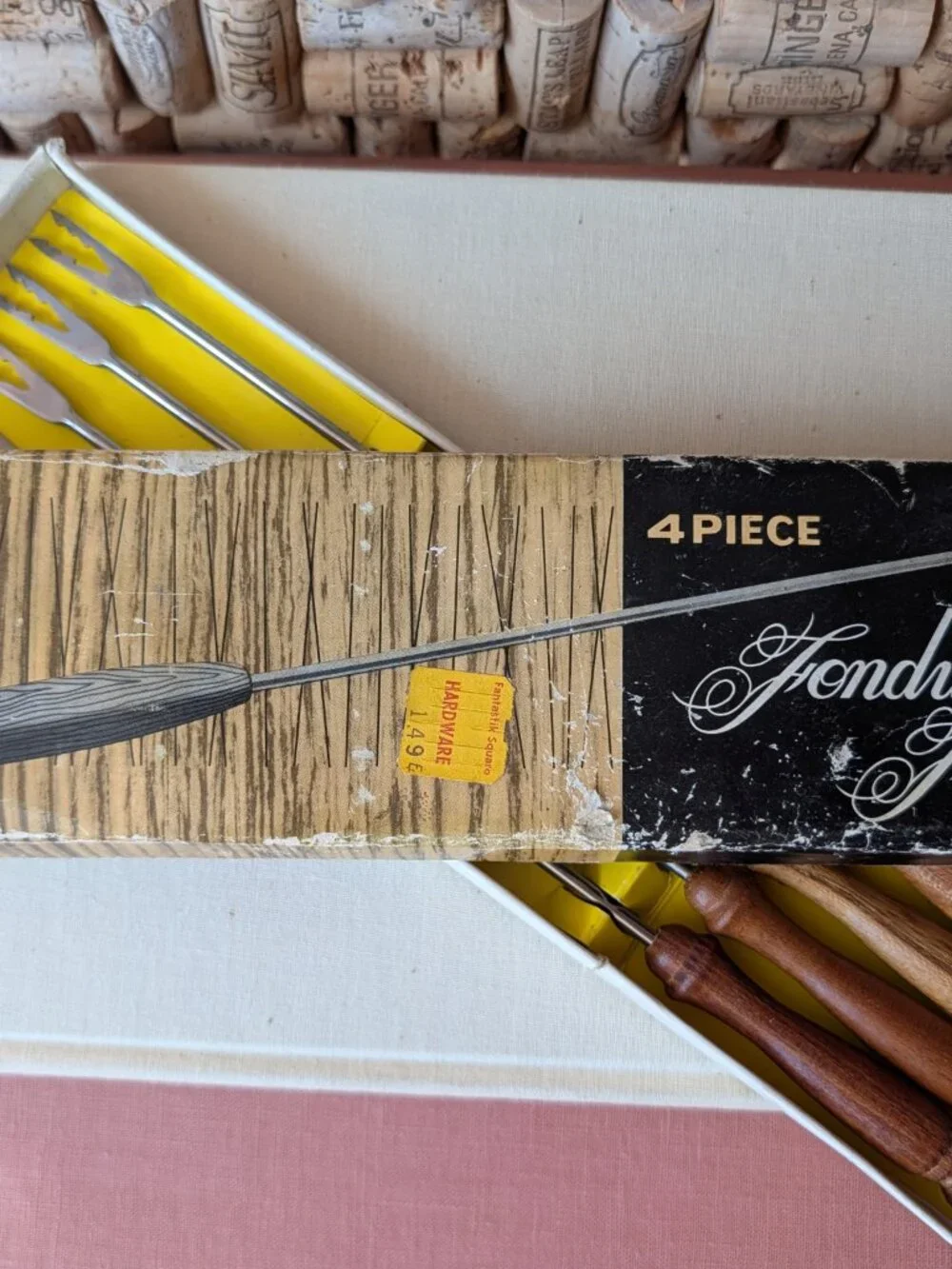 Vintage Fondue Forks Boxed Set – 4 Pc Mid‑Century Stainless Steel & Wood